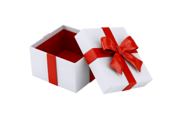 Elegant white gift box with red ribbon and bow open revealing red interior isolated on transparent background