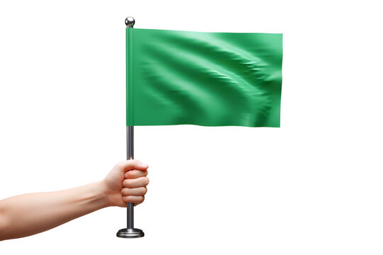 Hand holding a small green flag on a pole isolated on transparent background