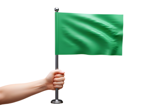 Hand holding a small green flag on a pole isolated on transparent background