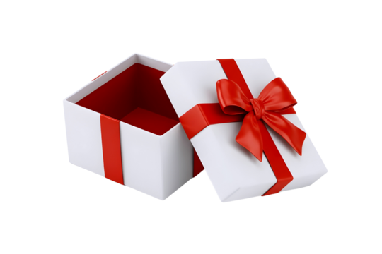 Elegant white gift box with red ribbon and bow open revealing red interior isolated on transparent background - Powered by Adobe
