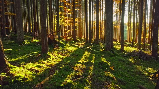A serene forest with sunlight creating patterns of light and shadow