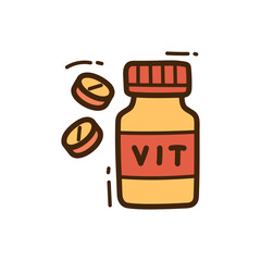 Fototapeta premium Cute Vitamin Bottle and Pills Doodle Illustration with Transparent Background Simple Hand Drawn Style