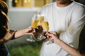 Happy young friends celebrate together at a stylish restaurant, enjoying wine, laughter, and friendship during an elegant evening gathering.	