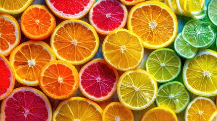 Colorful citrus slices arranged in a vibrant pattern.
