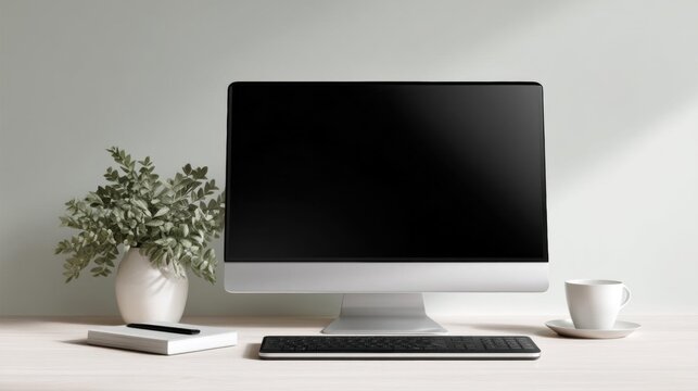 Desktop computer monitor with a blank black screen on a wooden desk. the monitor is placed in the center of the desk, with a keyboard and a white coffee cup on the right side.