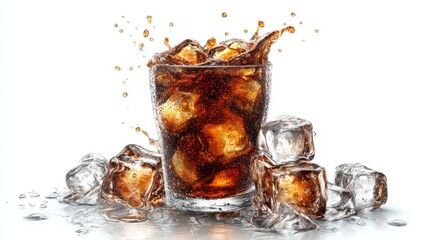 A chilled glass of cola surrounded by melting ice cubes, droplets forming on glass, realistic and mouthwatering, clean white background, no text, no logo