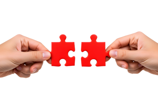 Two hands holding red puzzle pieces about to connect isolated on transparent background