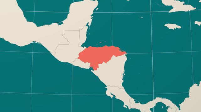 Honduras map. Animated zoom into the country on the Globe in Teal Pale Mint color palette. Country logo animation. Map with meridians, parallels. Charming video.