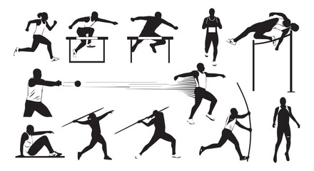 Collection of black silhouette icons representing various track and field athletic events and sports, isolated on transparent background