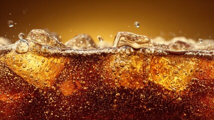 A close-up of cola surface with bubbling carbonation and floating ice, rich golden-brown tones, clean simple background, no text, no logo
