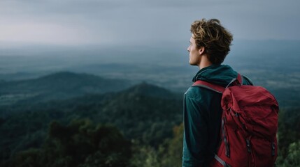 Young man with a red backpack standing on top of a mountain, looking out over a valley below. he is wearing a green jacket and has curly blonde hair.