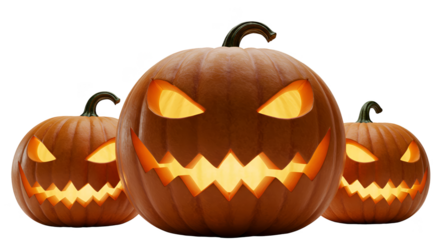 Three glowing jack o lanterns isolated on black