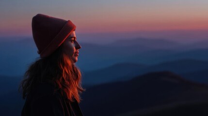 Young woman standing on top of a mountain, looking out at the horizon. she is wearing a red beanie and a black jacket, and her long hair is blowing in the wind.