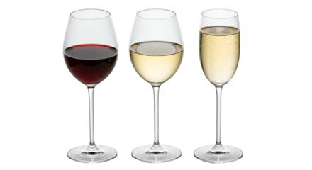 Three wine glasses isolated background red white champagne