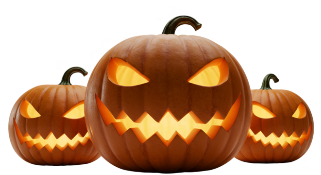 Three glowing jack o lanterns isolated on black