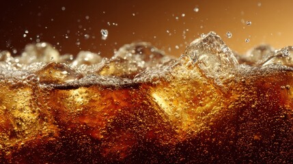 A close-up of cola surface with bubbling carbonation and floating ice, rich golden-brown tones, clean simple background, no text, no logo