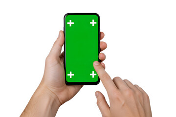 Person s hands holding a smartphone with a green screen and tracking markers isolated on transparent background