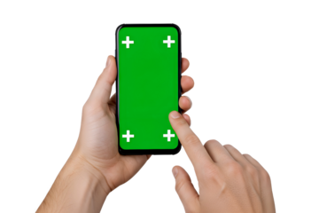 Person s hands holding a smartphone with a green screen and tracking markers isolated on transparent background