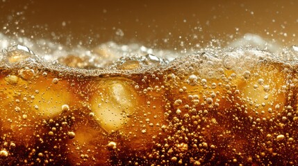 A close-up of cola surface with bubbling carbonation and floating ice, rich golden-brown tones, clean simple background, no text, no logo