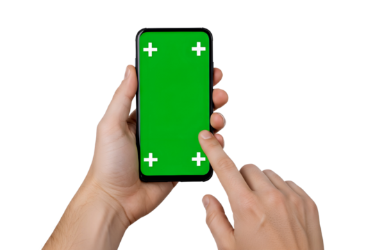 Person s hands holding a smartphone with a green screen and tracking markers isolated on transparent background