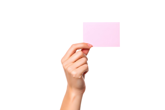 Hand holding a blank pink square sticky note isolated on transparent background