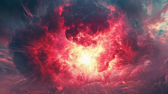 Cosmic explosion creating red nebula clouds in space