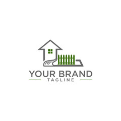 A stylized logo featuring a house, fence, and path, with a brand name.