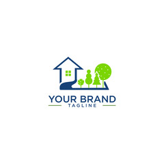 Minimalist logo featuring a house outline, a winding path, and stylized trees in blue and green.