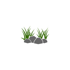 A stylized graphic of rocks and blades of grass in green and gray tones against a white background.