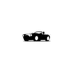 Silhouette of a classic convertible car with a driver, rendered in black against a white background.