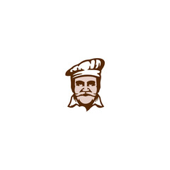 An illustration of a chef's head with a mustache and chef's hat, looking forward.