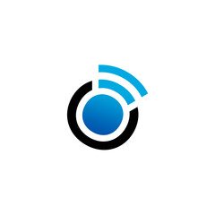 A modern, minimalist logo featuring a blue signal emitting from a circle.