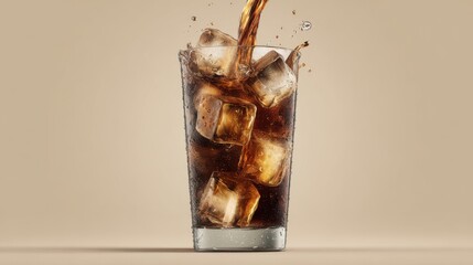 A realistic shot of cola poured over large ice cubes in a transparent glass, condensation visible, minimalist beige background, no text, no logo