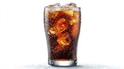 A tall glass of cola filled with sparkling bubbles and ice cubes, condensation forming on the outside, on a clean white background, no text, no logo