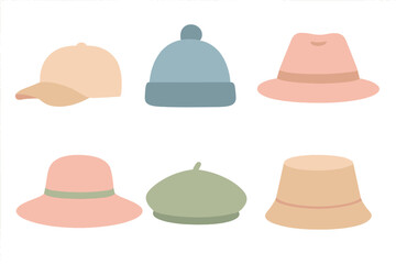 Fototapeta premium Diverse collection of six stylish headwear items including caps, beanies, and wide brim hats in soft pastel tones