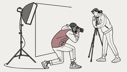 Studio Photography Session Two Photographers Working Together DSLR Camera Lighting Equipment Tripod Behind the Scenes Illustration.