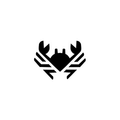Minimalist black and white crab logo. Stylized geometric lines form the claws and legs, creating a symmetrical, modern icon for seafood, nature, or a brand.