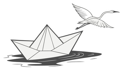 Origami paper boat and flying bird vector illustration nature water freedom hope.