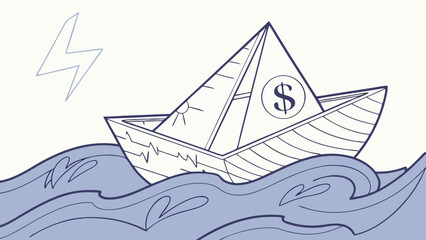 Paper boat with dollar sign sinking in stormy sea financial crisis concept illustration hand drawn style.