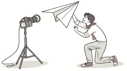Person launching paper airplane towards camera on tripod stand.