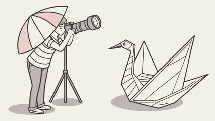 Photographer taking a picture of origami bird studio shoot illustration art design hobby creativity.