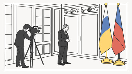 Press conference interview news media official event formal cameraman filming television broadcasting video recording politician statesman suit business professional indoor roo.