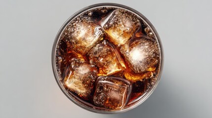 A top-down view of a glass of cola with crystal-clear ice cubes, bubbles sparkling in the light, on a simple neutral background, no text, no logo
