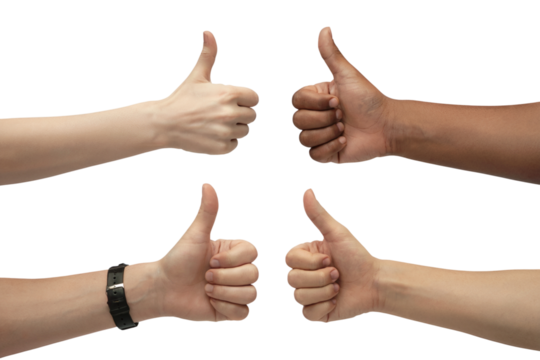 Four thumbs up hands, representing agreement and approval. Isolated on transparent background, png