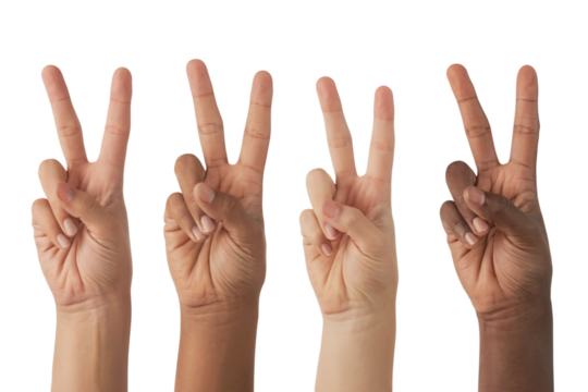 Four hands with a peace sign. Isolated on transparent background, png