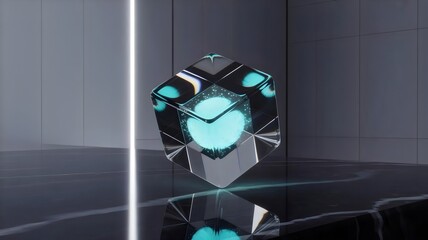 Floating transparent cube with glowing blue core on black marble – Ideal for technology branding, sci-fi themes, or abstract digital design.