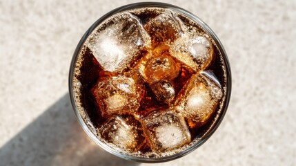 A top-down view of a glass of cola with crystal-clear ice cubes, bubbles sparkling in the light, on a simple neutral background, no text, no logo