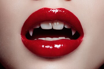 Vampire Facial. Close-up of Woman's Bright Red Lipstick with Stunning Smile