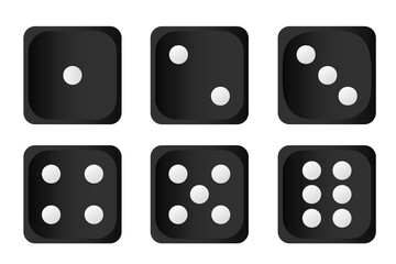 Vector set of white and black dice icons, close-up. Gambling dice. Concept for casinos and other games. Element for your design.