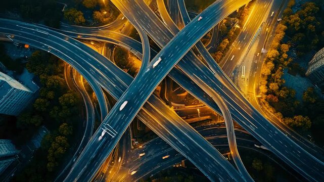 Urban highway interchange with blur traffic at night